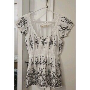 Angelique Cap Sleeve Tie Neck Black & White Pattern Peasant Blouse Sz M